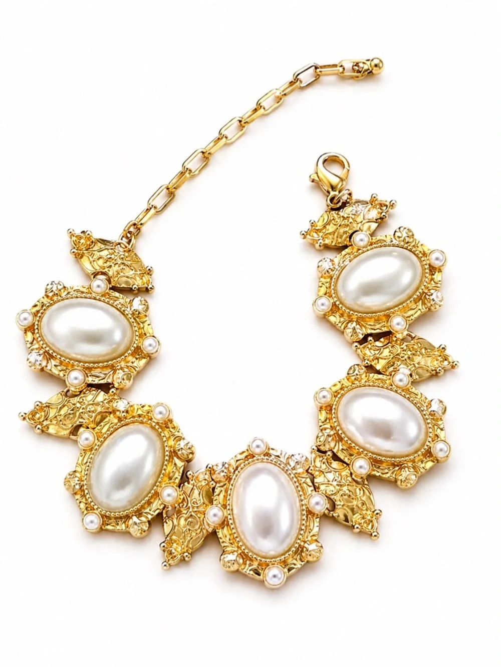 Vintage Monet Gold Tone Faux Pearl Bracelet Signed Statement 7-10
